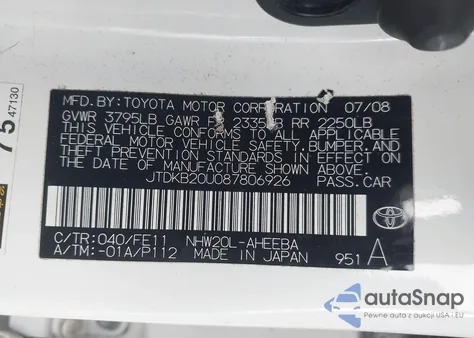 2008 Toyota Prius из США, поврежденный, VIN JTDKB20U087806926